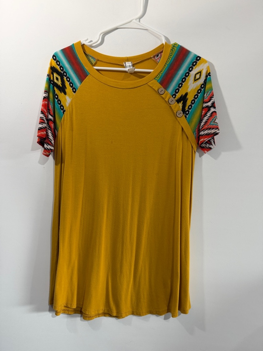 Mustard Short Sleeve Tee with Patterned Raglan Sleeves